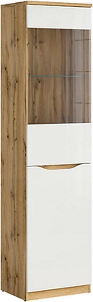Dulap cu vitrina NUIS, alb lucios/stejar, PAL, 50x40x198 cm