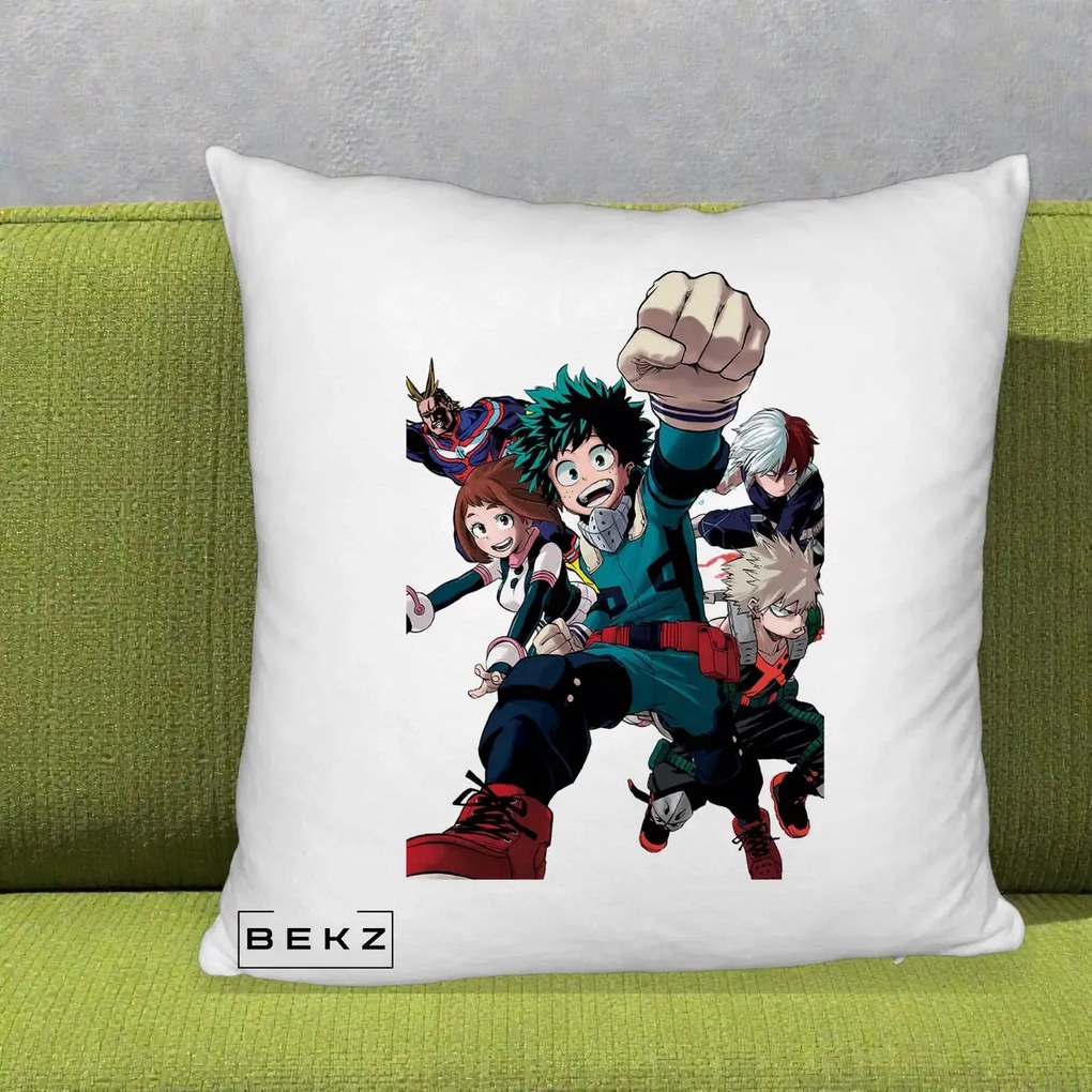 Perna Personalizata My Hero Academia Izuku Deku si Echipa, 40x40 cm, Alb Pufos, Husa Detasabila, Perna Inclusa, BEKZ®