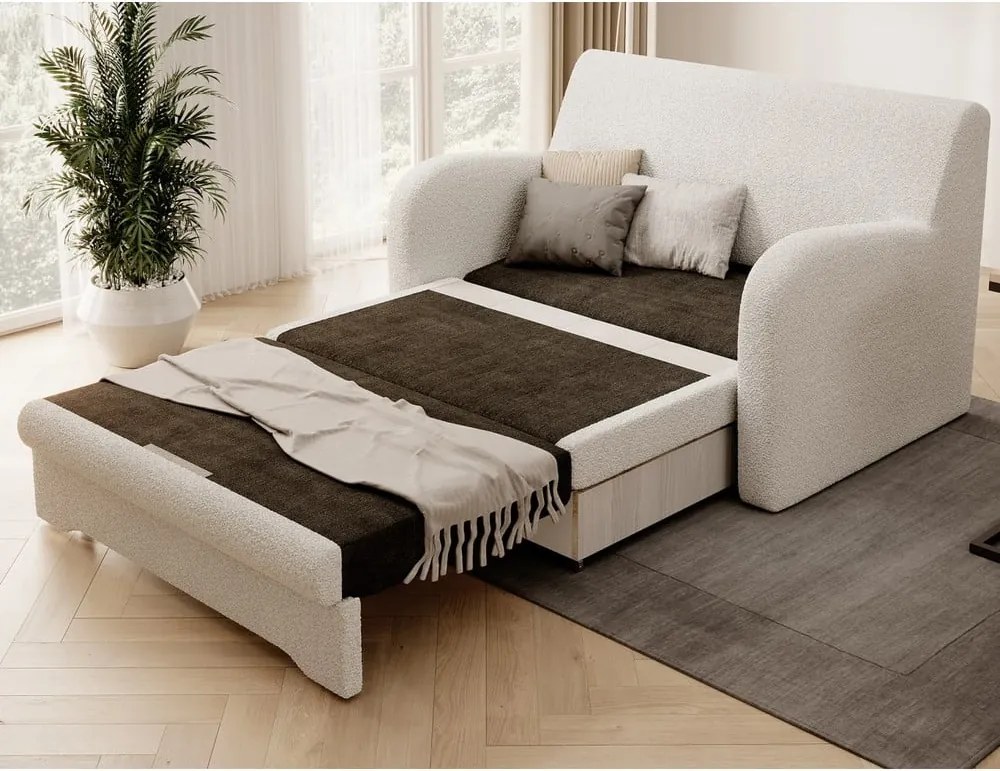 Canapea albă extensibilă/cu spațiu de depozitare cu tapițerie din țesătură bouclé 130 cm Ario – ELTAP