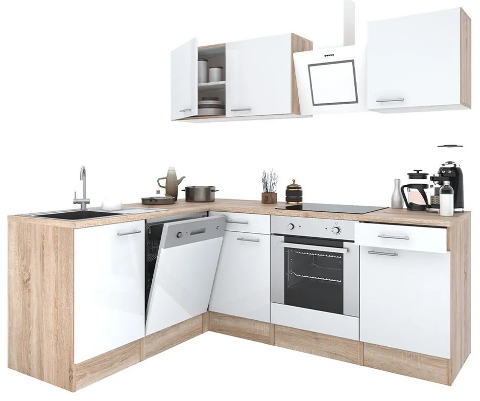 Mobilă de bucătărie de colț Yorki 220, corp din stejar Sonoma, față alb satinat cu element inferior al cuptorului