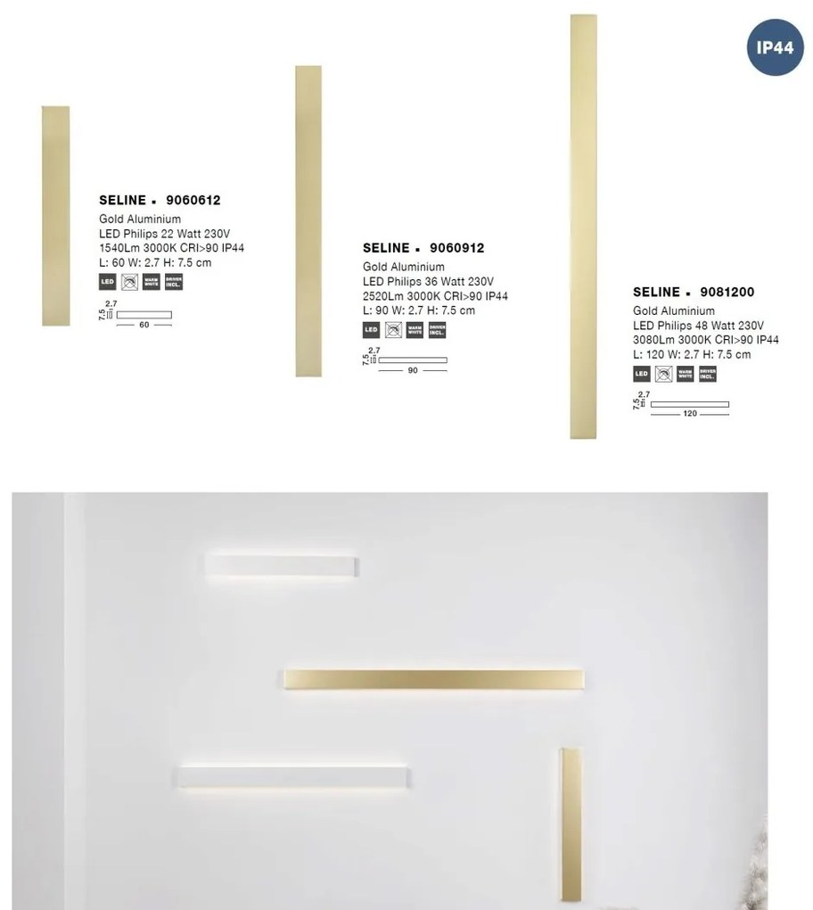 Aplica LED pentru baie cu protectie IP44 SELINE aurie L-60cm