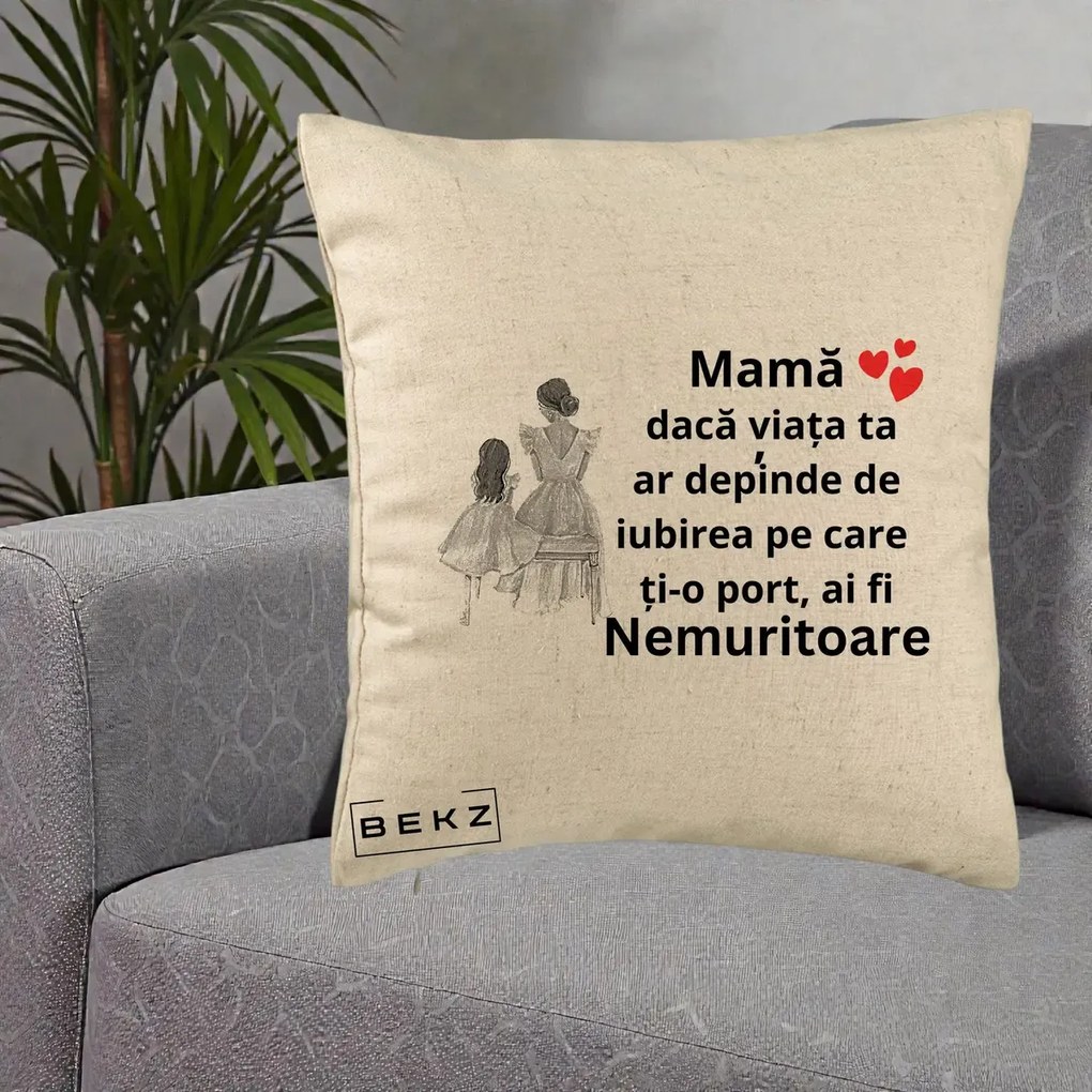 Cadou pentru Mama - Perna Personalizata Mama Nemuritoare Line Art, 40x40 cm, Bej, Husa Detasabila, Perna Inclusa, BEKZ®