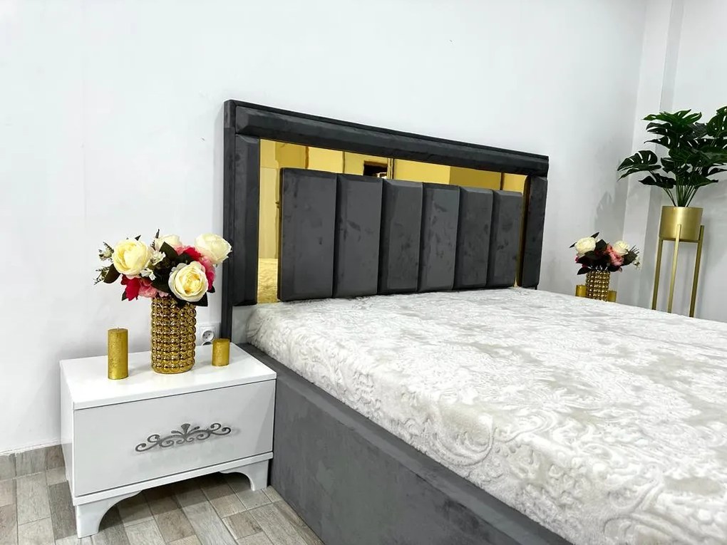 Dormitor complet Napoli, culoare gri / alb, cu pat Napoli 160 x 200 cm, dressing Erika 150 cm, 2 noptiere si comoda Viena