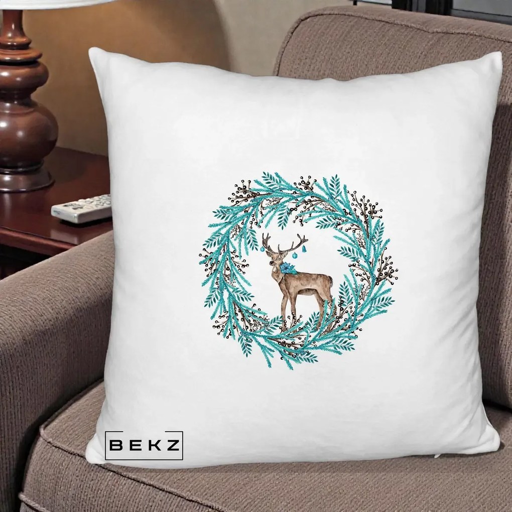 Perna Decorativa Coroana Turcoaz cu Ren, 40x40 cm, Alb Pufos, Husa Detasabila, Perna Inclusa, BEKZ®