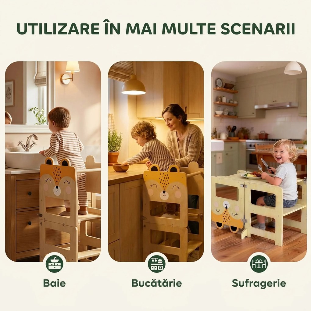 Turn Montessori AIYAPLAY pentru Copii 2-5 Ani cu Tablă și Măsuță, Scăunel pentru Copii din Placaj, 57x39x93 cm, Culoare Lemn | Aosom Romania
