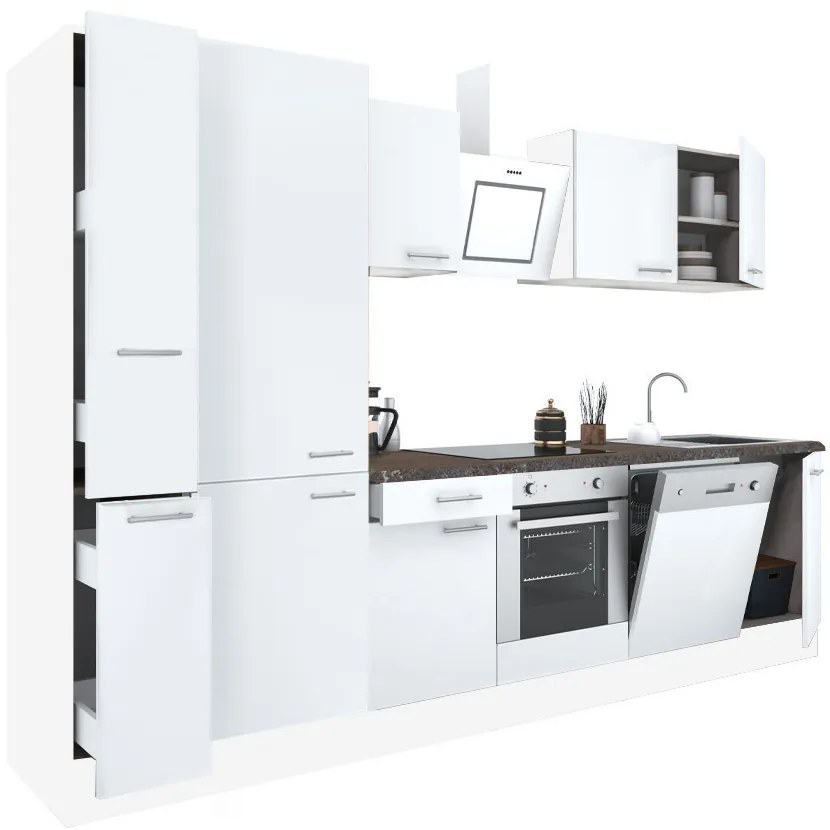 Mobilă de bucătărie Yorki 310, corp alb, față alb satinat, element inferior cuptor, dulap raft