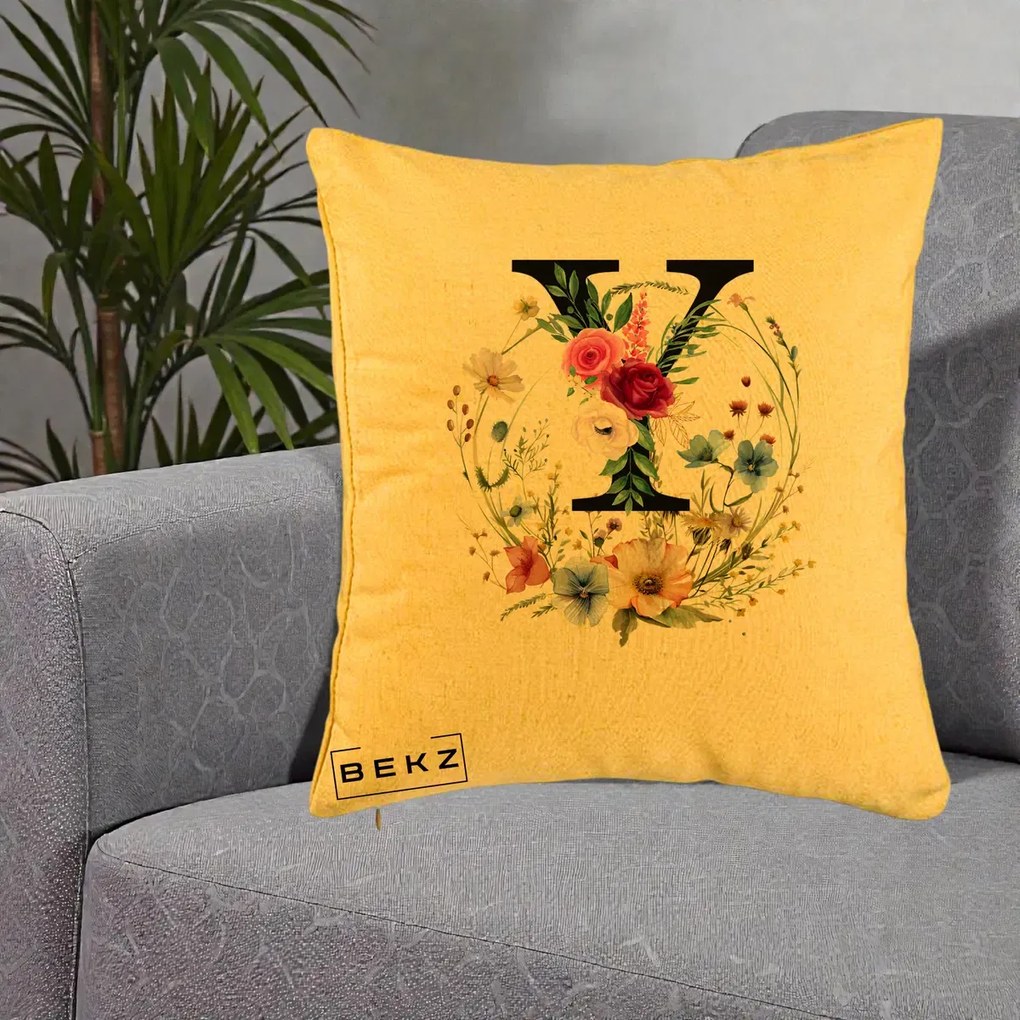 Cadou Personalizat - Perna Personalizata Monograma Florala Litera Y cu Coroana, 40x40 cm, Galben, Husa Detasabila, Perna Inclusa, BEKZ®