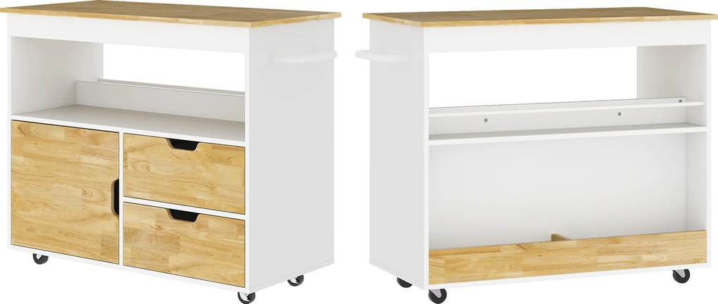 HOMCOM Cărucior de bucătărie, insulă de bucătărie mobilă, trolley de bucătărie cu compartimente, dulap și suprafață de lucru, Alb | Aosom Romania