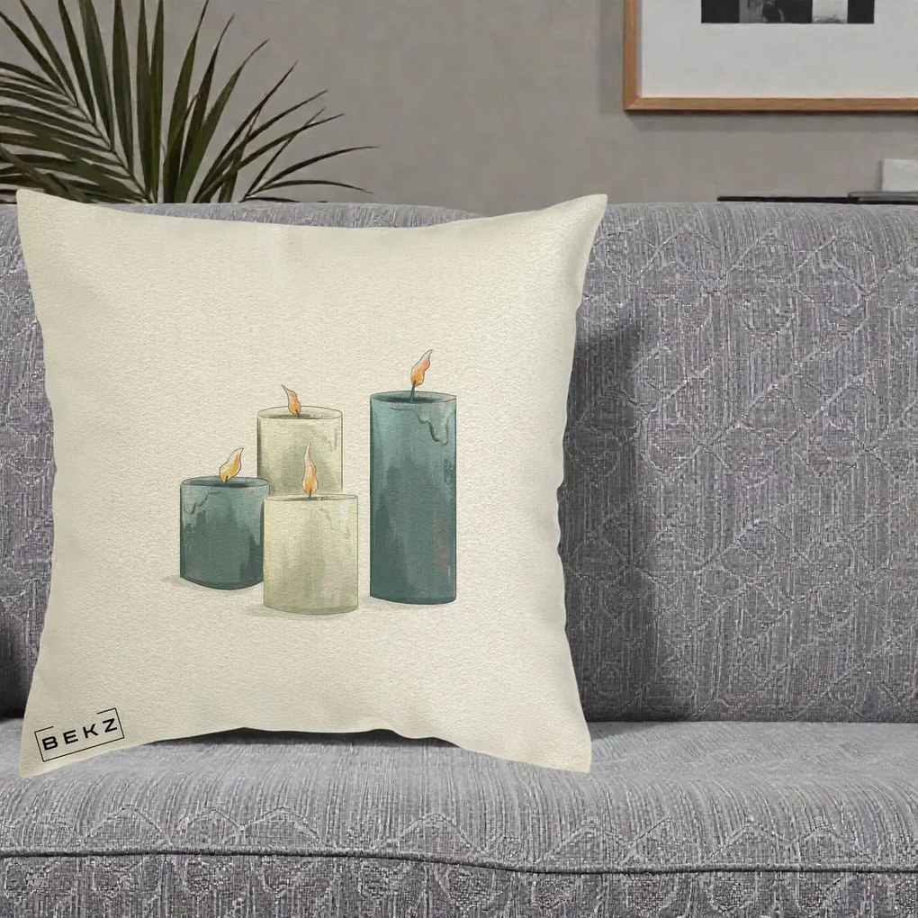 Perna Decorativa Lumanari Hygge Alb-Verde, 40x40 cm, Ecru, Husa Detasabila, Perna Inclusa, BEKZ®