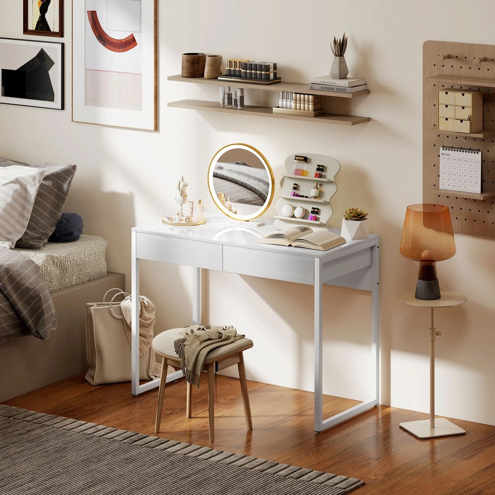 HOMCOM Birou Modern cu 2 Sertare și Picioare din Oțel, 100x50x75 cm, Alb Lucios | Aosom Romania