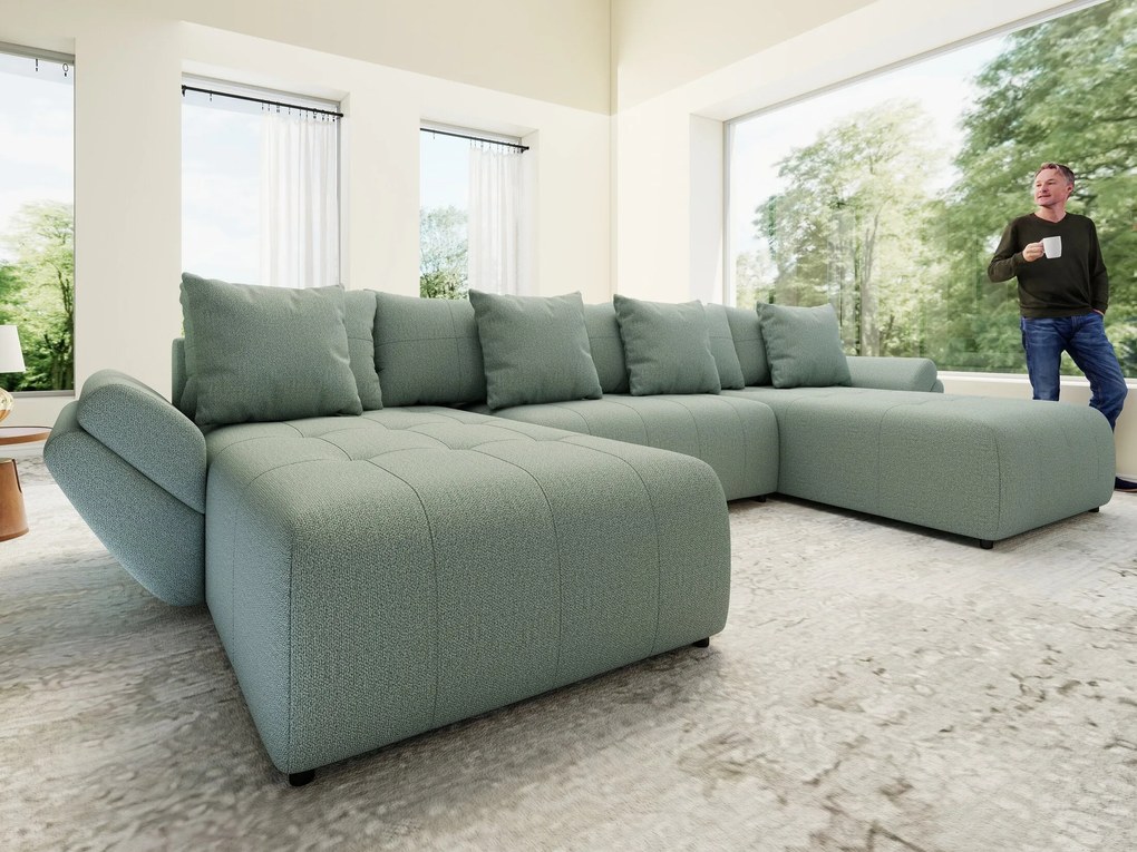 Colțar extensibil dumonde cu ladă de depozitare si sezut confortabil din spuma high-density, Berlin U Enjoy Mint 380x180 cm