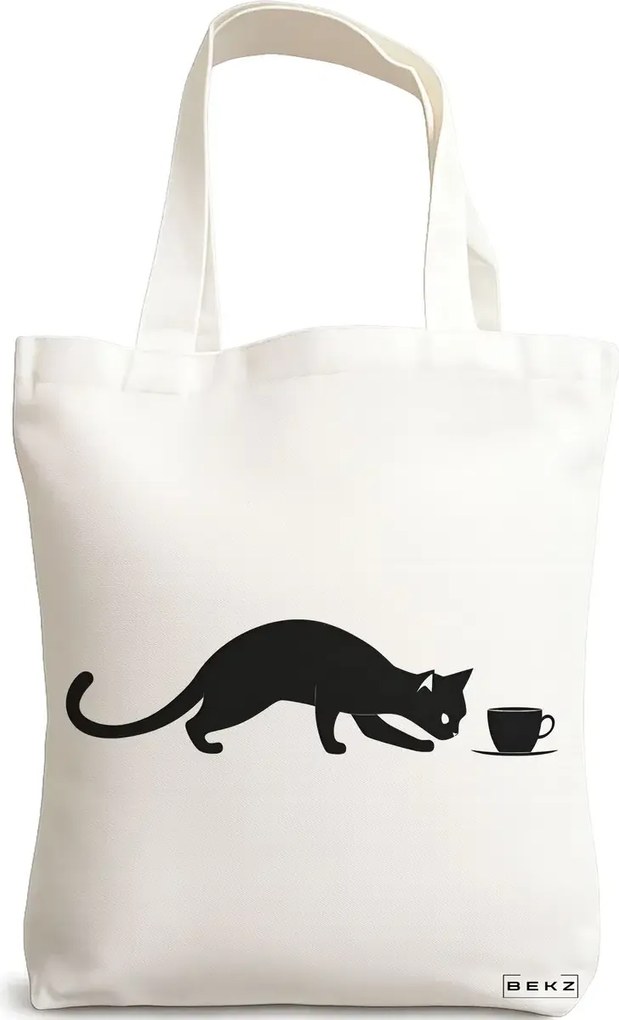 Sacosa de Panza pentru Cumparaturi, Geanta Tote, model Caffeine Cat 5 38 x 34.5 cm, Alba, BEKZ®