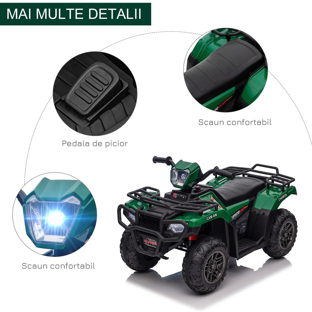 ATV electric copii, Ride-on, functii de mers inainte si inapoi, 12V, cu lumini | Aosom Romania