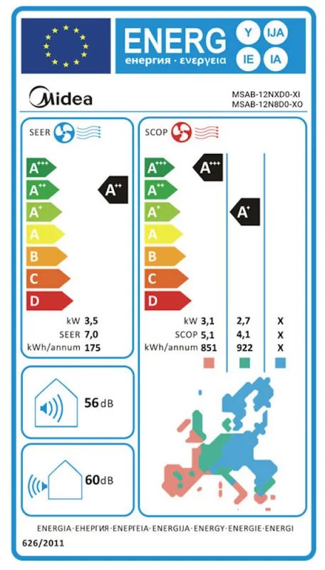 Aparat de aer conditionat inverter Midea Aurora MSAB-12NXD0-XI/MSAB-12N8D0-XO, 12000 BTU, A++, Pana la 25 m², Wi-Fi, Incalzitor unitate exterioara, Golden Fin, Wi-Fi, Alb