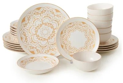 Set veselă 24 piese din ceramică, alb cu accente aurii