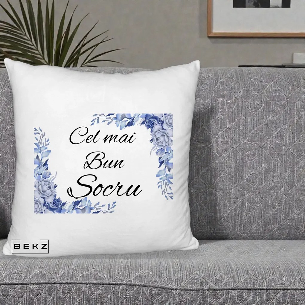 Cadou pentru Socru - Perna Personalizata Cel mai Bun Socru cu Flori Albastre Acuarela, 40x40 cm, Alb Pufos, Husa Detasabila, Perna Inclusa, BEKZ®