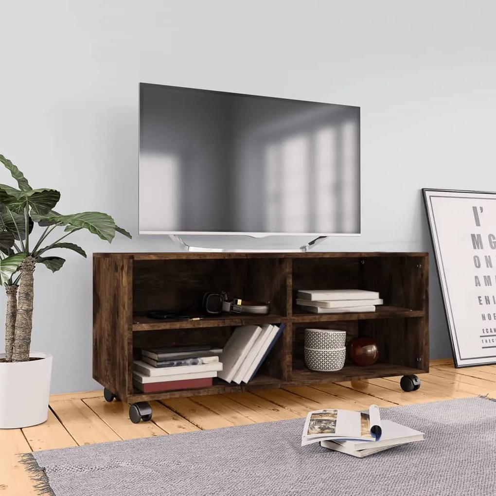 815258 vidaXL Comodă TV cu roți, stejar fumuriu, 90x35x35 cm, lemn prelucrat