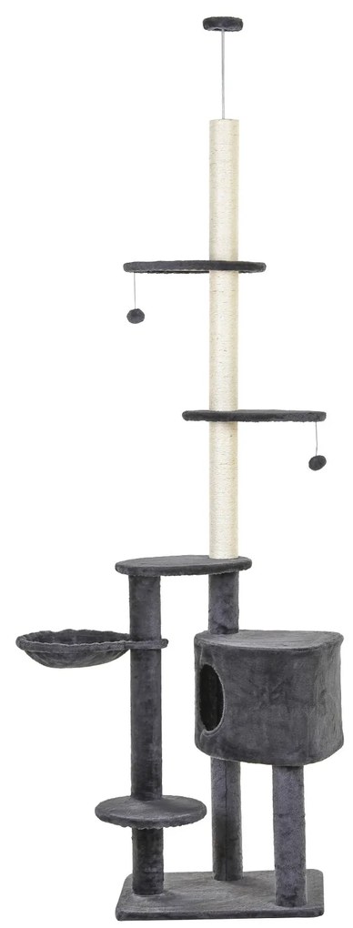 PawHut Kratzbaum deckenhoch Înălțime 220-265 cm Arbore pentru pisici cu bile de joc, cuib pentru pisici, hamac, stâlpi de sisal, platforme, zgârieui pentru pisici cu mai multe etaje pentru pisici de dimensiune medie, Gri închis | Aosom Romania