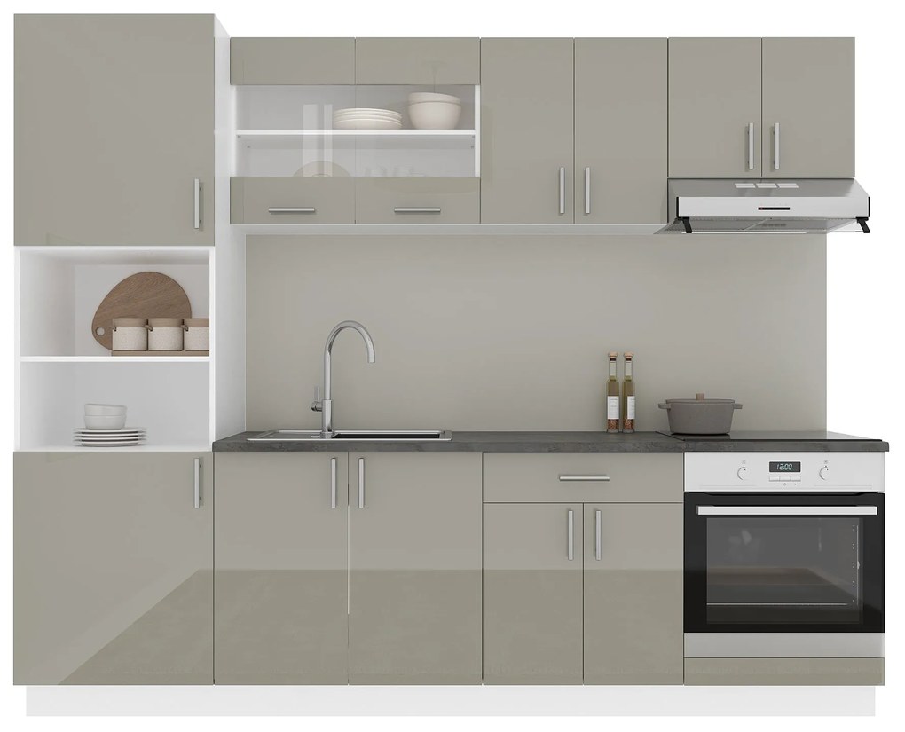 Set Bucatarie Karo V20, Gri Lucios/Alb, MDF, Blat Thermo 28 mm, L 260 cm