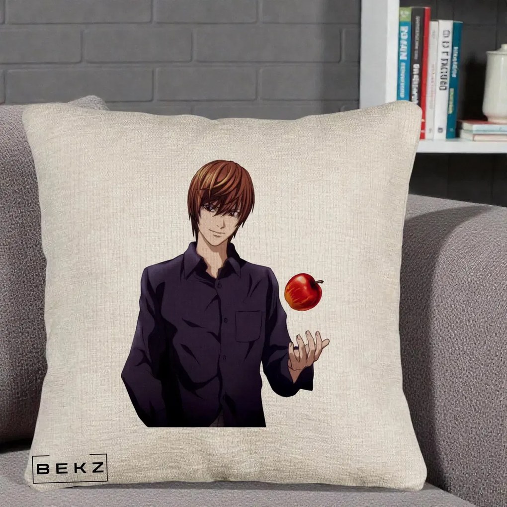 Perna Personalizata Death Note Light Yagami cu Mar, 40x40 cm, Bej Canapea, Husa Detasabila, Perna Inclusa, BEKZ®
