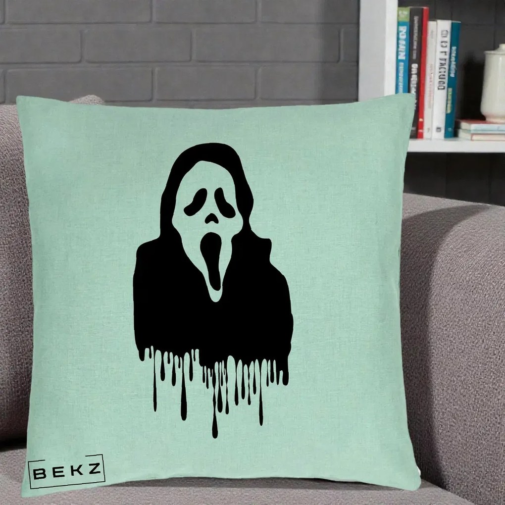 Perna Personalizata Halloween Ghostface Scream Picurand, 40x40 cm, Verde Menta, Husa Detasabila, Perna Inclusa, BEKZ®