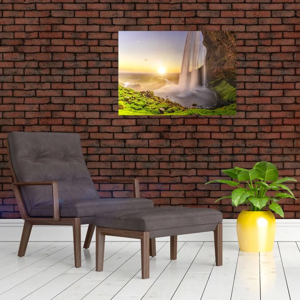 Tablou pe sticlă - Seljalandsfoss din spatele peșterii (70x50 cm)