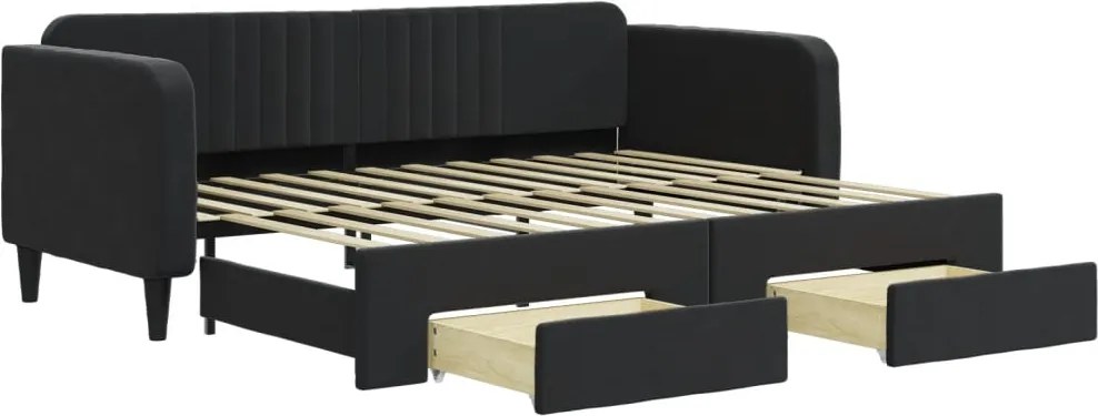 vidaXL Pat de zi cu extensie și sertare, negru, 90x200 cm, catifea