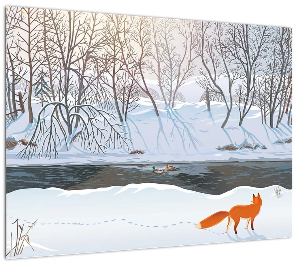 Tablou pe sticlă - Vulpe în peisaj de iarnă (70x50 cm)