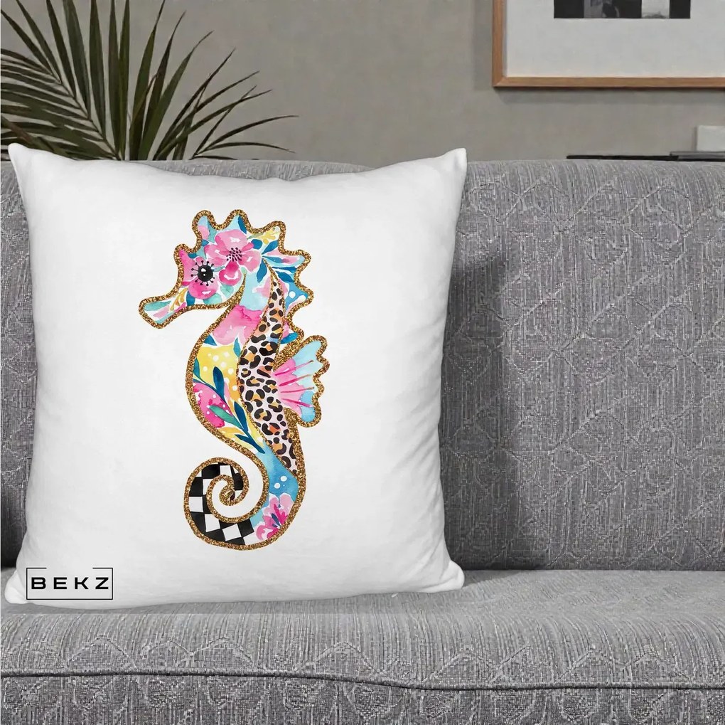 Perna Decorativa Calut de Mare Glitter Tropical, 40x40 cm, Alb Pufos, Husa Detasabila, Perna Inclusa, BEKZ®