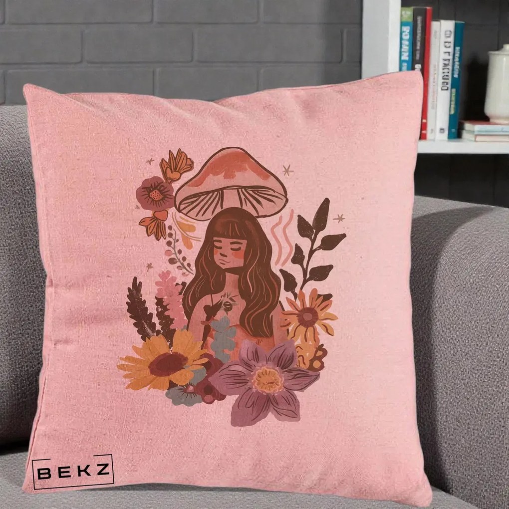 Perna Decorativa Fata Ciuperca Boho Florala, 40x40 cm, Roz, Husa Detasabila, Perna Inclusa, BEKZ®