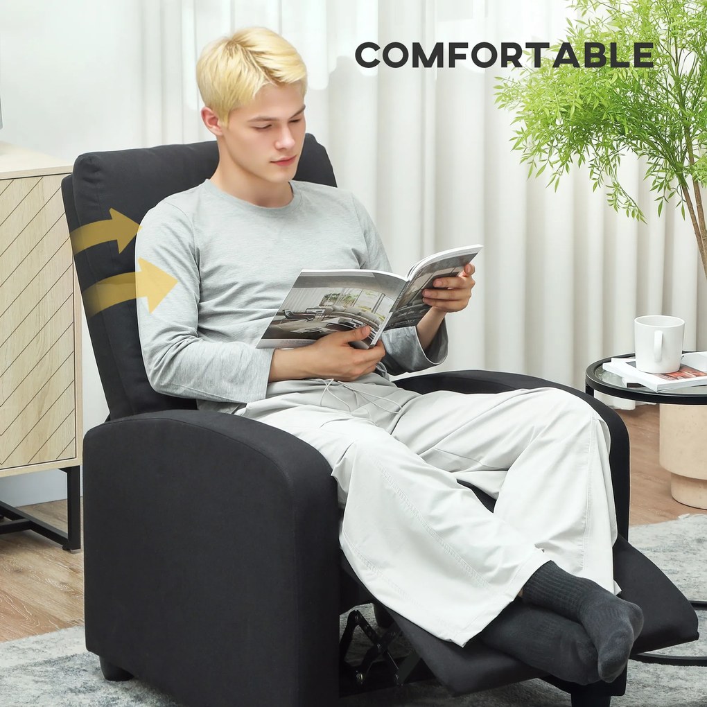 HOMCOM Fotoliu de Relaxare Reclinabil Manual cu Suport pentru Picioare din Țesătură Neagră | Aosom Romania