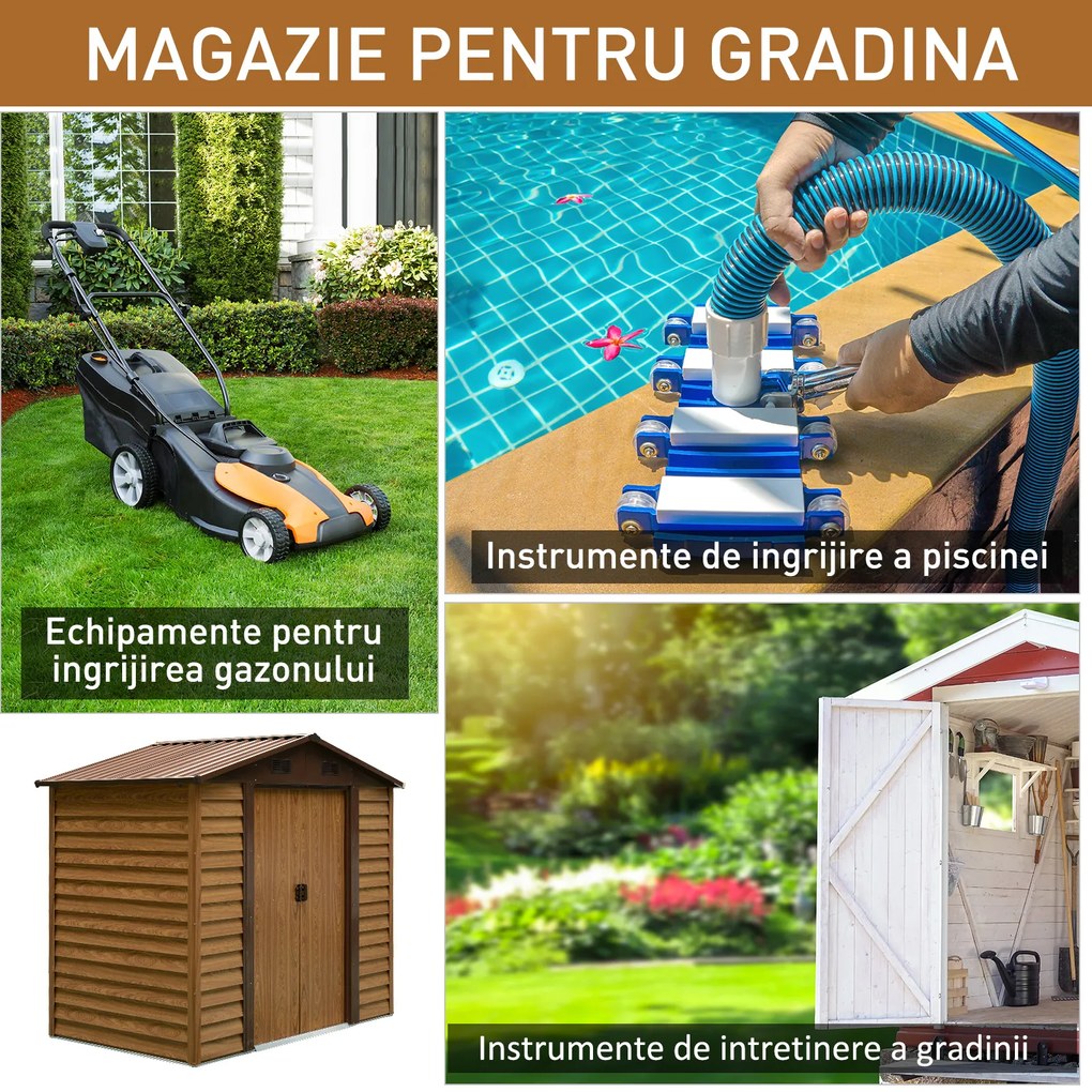 Outsunny Magazie de Gradina Suport pentru unelte din Otel cu Usi Glisante si Orificii de Aerisire, 196x236x208cm, Maro | Aosom Romania