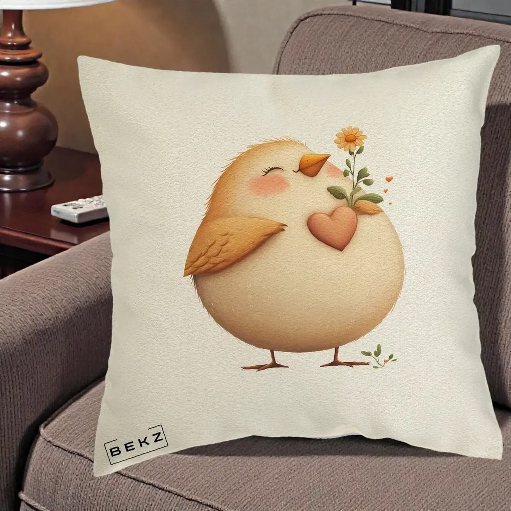 Perna Decorativa Pui cu Inima si Floarea-Soarelui, 40x40 cm, Ecru, Husa Detasabila, Perna Inclusa, BEKZ®