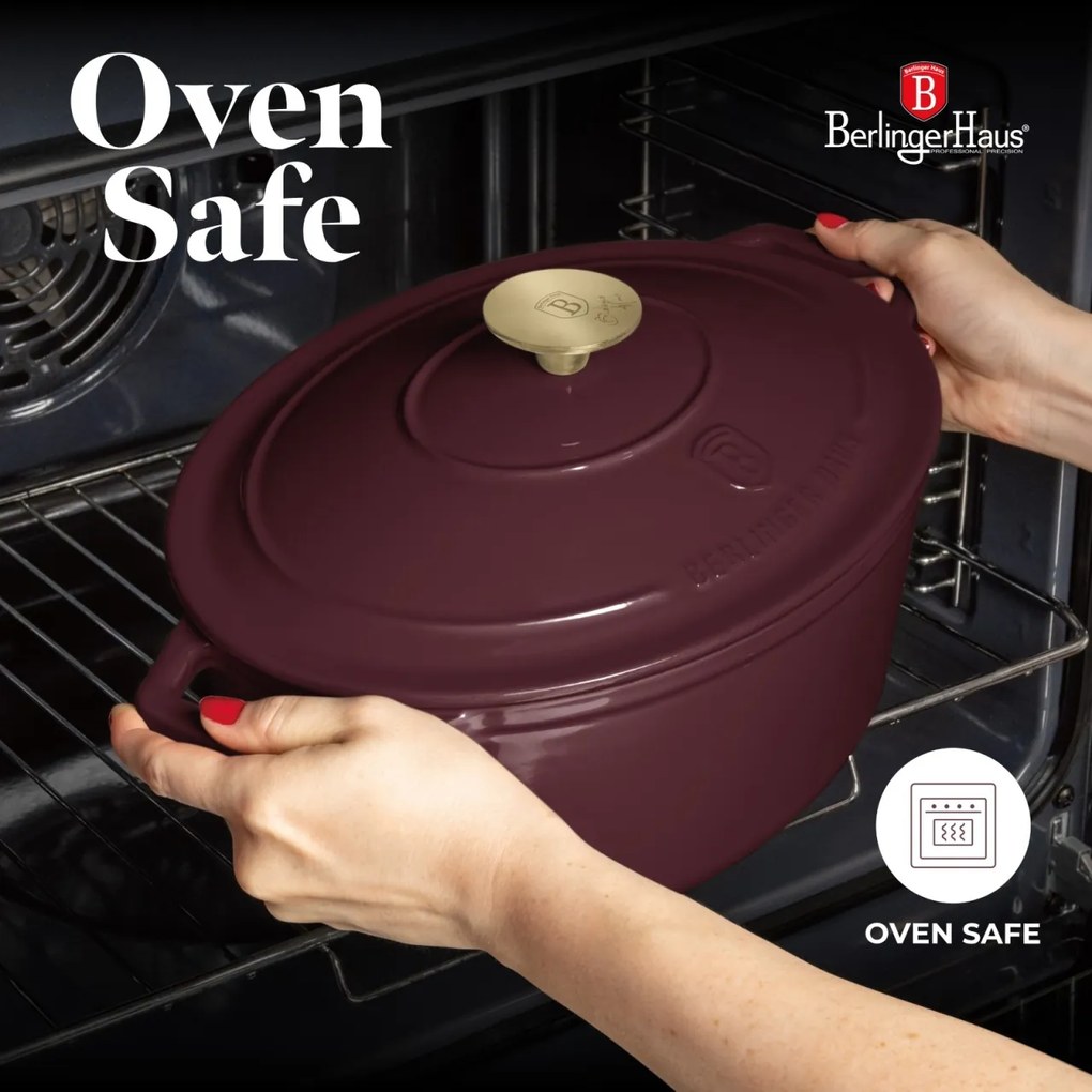 Oală din fontă emailată ovală cu capac 30 cm, 4.65L – Berlinger Haus Leonardo Collection BH 6543, potrivită pentru gătit lent și rumenire