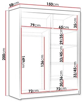 Dulap de haine cu uși culisante Hyzron IV 150 (Negru + Alb + auriu) . 1105732