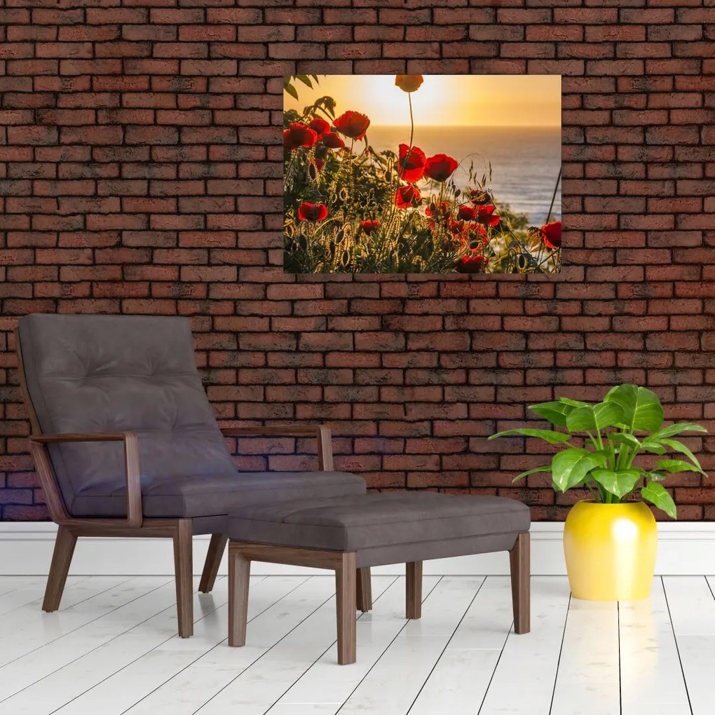 Tablou pe sticlă cu apus de soare cu flori de maci (70x50 cm)