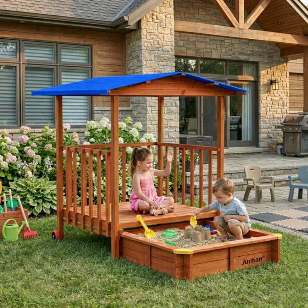 Groapa cu nisip cu verandă SUNNY, 130x130x143cm, maro/albastră Jurhan