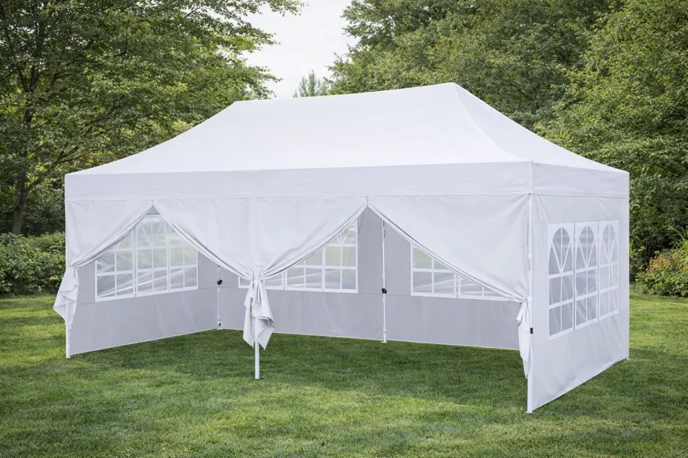 ABCCANOPY – Cort pavilion pliabil 6x3 m, înălțime reglabilă 3 trepte, pereți cu ferestre transparente, impermeabil, Alb