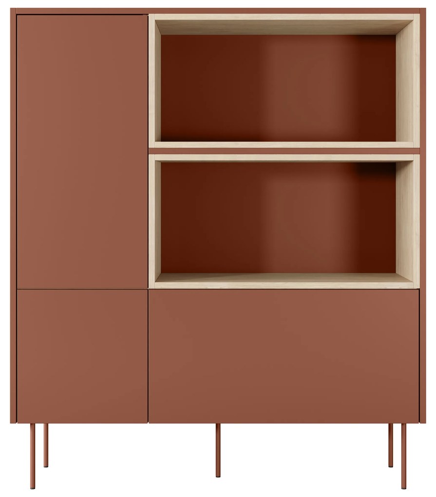 Comodă înaltă cu două uși Desin 120 cm - roșu ceramică / stejar nagano