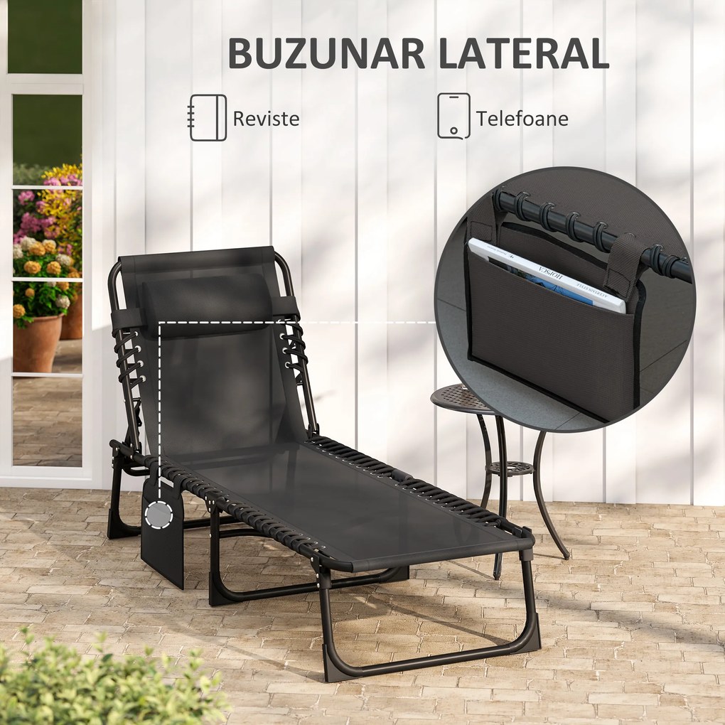Outsunny Portable Sun Lounger, Folding Chaise Recliner, 5-Position Adjustable Cot, Black | Aosom Romania