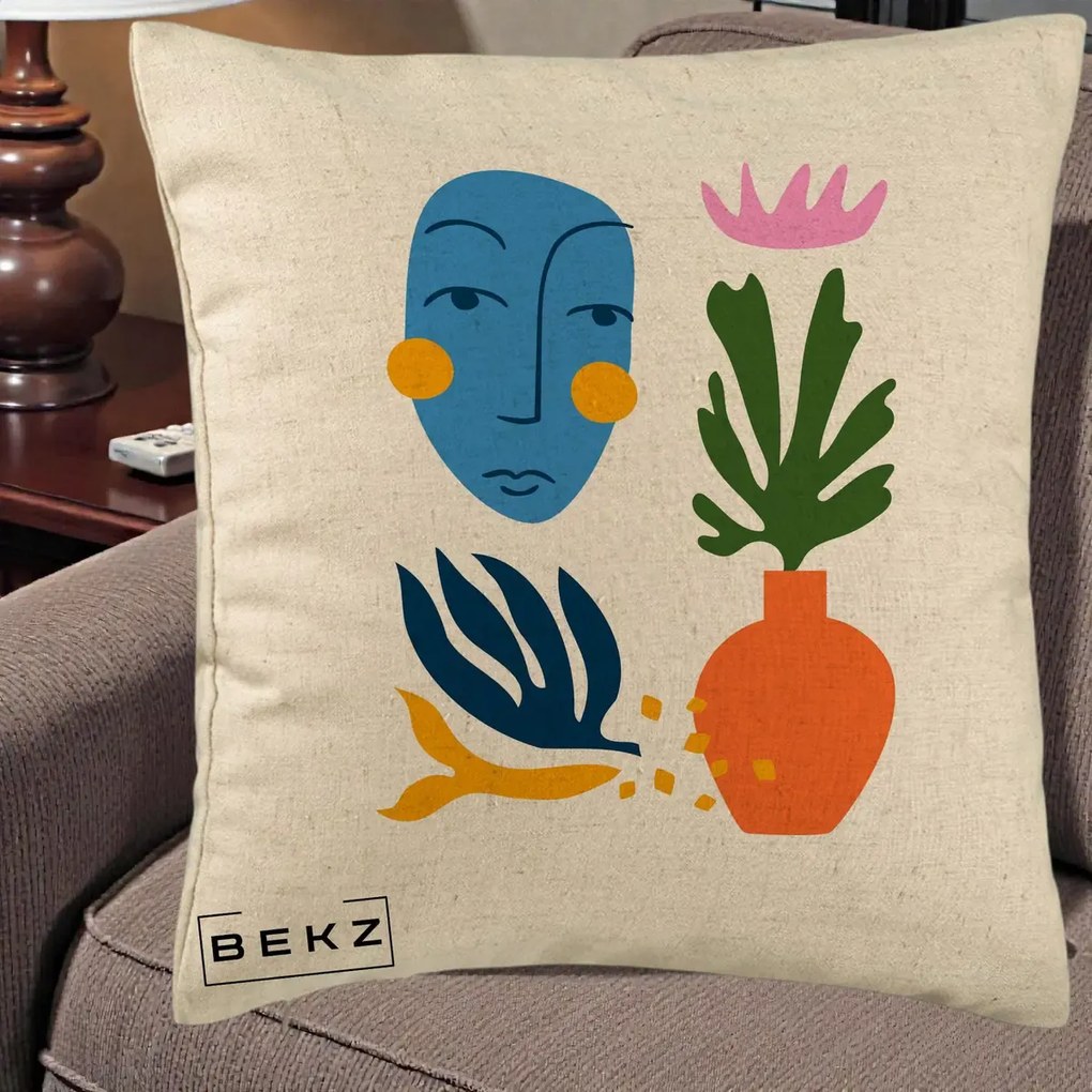 Perna Decorativa Masca Botanica Abstracta, 40x40 cm, Bej, Husa Detasabila, Perna Inclusa, BEKZ®