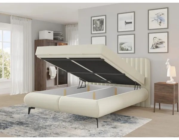 Pat tapițat ALEXA 180x200 cm, cu saltele și spațiu de depozitare, bej