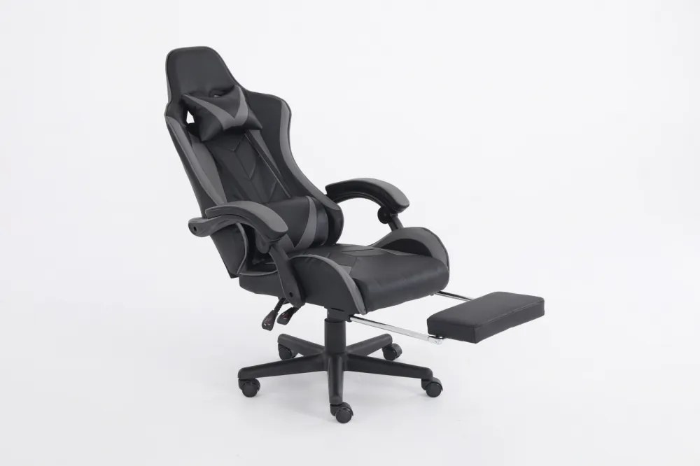 Scaun gaming, masaj în perna lombară, suport picioare, PU, Negru/Gri