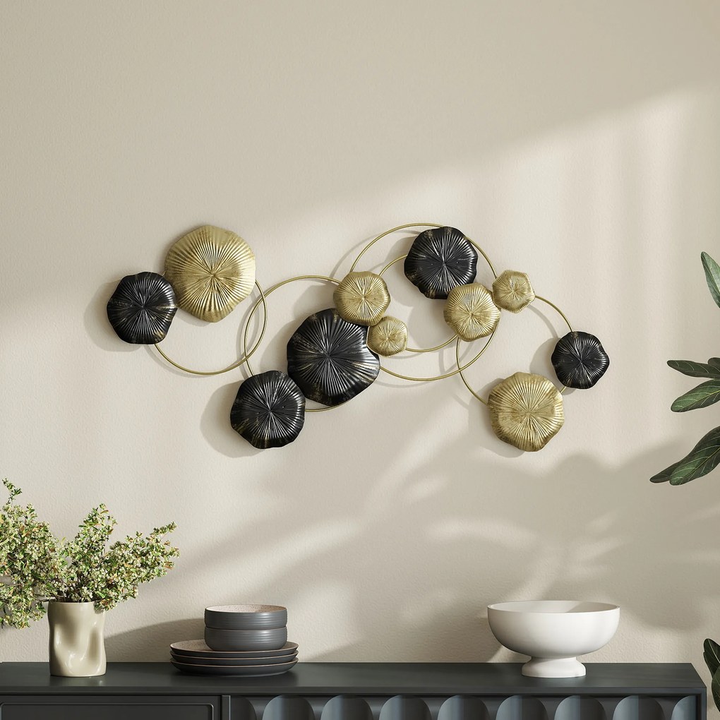 HOMCOM Decorațiune de perete din metal în formă de frunză de lotus, design unic cu discuri multiple, 84 x 35 cm, auriu și negru | Aosom Romania