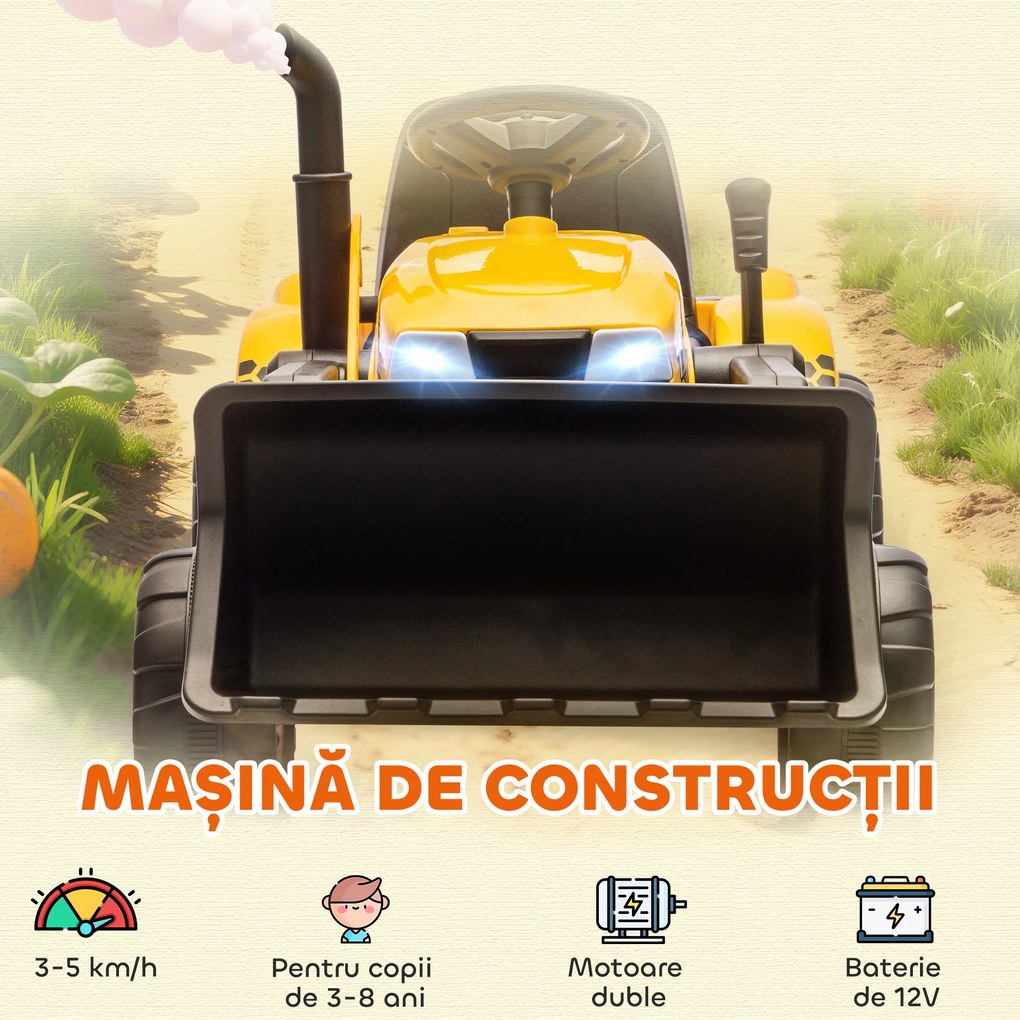 AIYAPLAY Excavator Electric pentru Copii 12V cu Cupă și Remorcă Detașabilă, Tractor Electric de Călărit cu 2 Motoare, Telecomandă, Conexiune Wireless, USB, Lumini și Muzică, 3-8 Ani, Galben | Aosom Romania