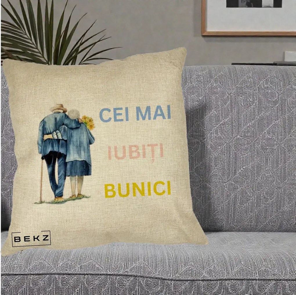 Cadou pentru Bunici - Perna Personalizata Cei Mai Iubiti Bunici Acuarela Spate, 40x40 cm, Crem, Husa Detasabila, Perna Inclusa, BEKZ®