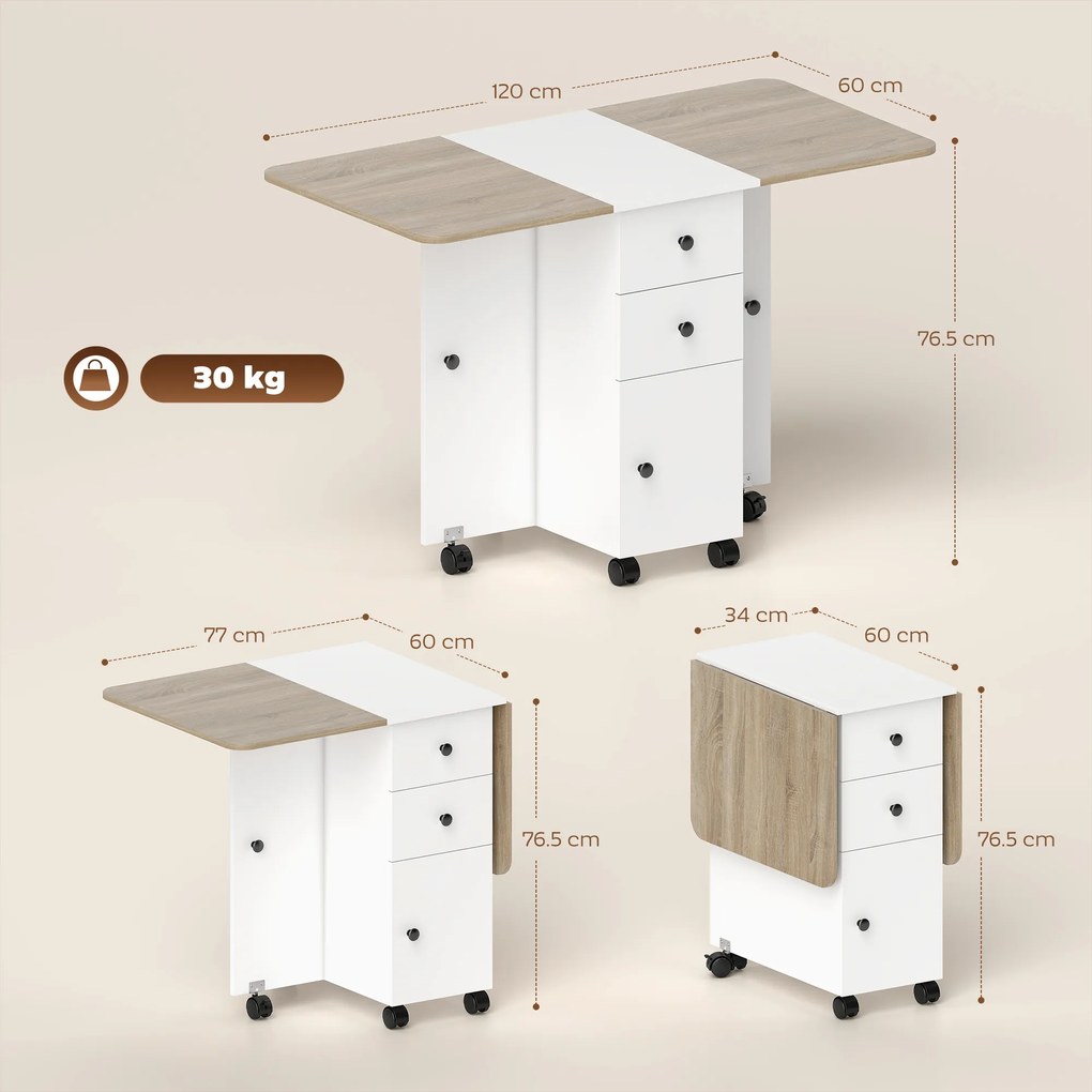 HOMCOM Masă Rabatabilă pentru Maxim 6 Persoane cu 2 Sertare, Dulap și Raft Posterior, 120x60x76.5 cm, Alb | Aosom Romania