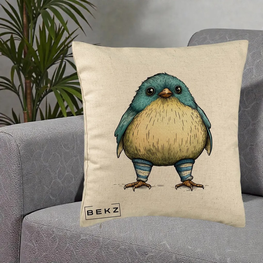 Perna Decorativa Pasare Albastra cu Sosete Albastre, 40x40 cm, Bej, Husa Detasabila, Perna Inclusa, BEKZ®
