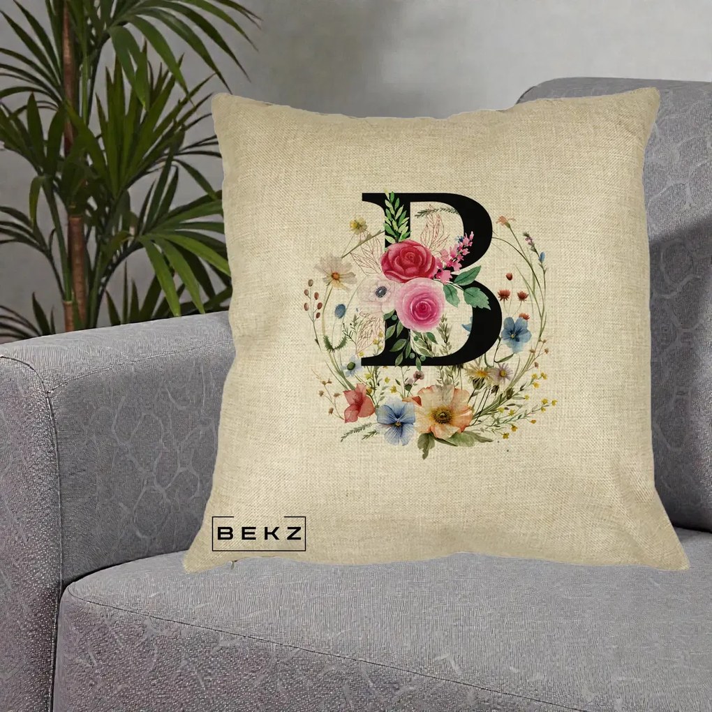 Cadou Personalizat - Perna Personalizata Monogram Litera B cu Flori Acuarela, 40x40 cm, Crem, Husa Detasabila, Perna Inclusa, BEKZ®