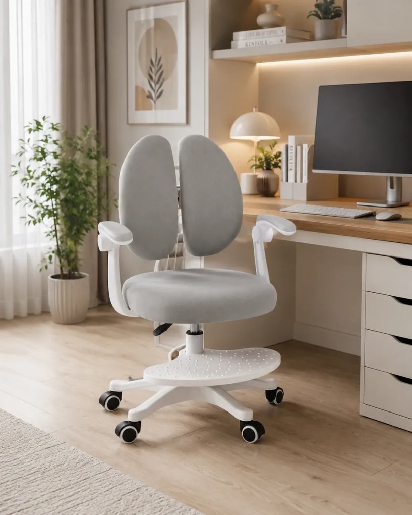 Scaun ergonomic pentru copii, spatar reglabil, suport picioare reglabil, rotativ, Gri